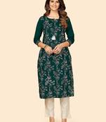 Vbuyz Women's Embroidered & Sequience Work Straight Cotton Dark Green Stitched Kurta