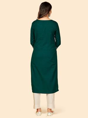 Vbuyz Women's Embroidered & Sequience Work Straight Cotton Dark Green Stitched Kurta 3
