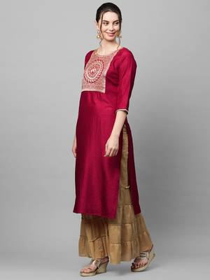 Indo Era Maroon Solid Straight Kurta 4