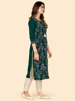 Vbuyz Women's Embroidered & Sequience Work Straight Cotton Dark Green Stitched Kurta 5