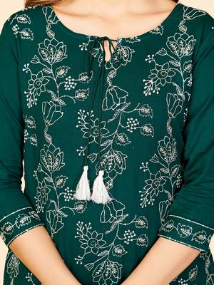 Vbuyz Women's Embroidered & Sequience Work Straight Cotton Dark Green Stitched Kurta 7