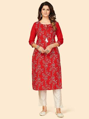 Vbuyz Women's Embroidered & Sequience Work Straight Cotton Red Stitched Kurta 1