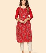 Vbuyz Women's Embroidered & Sequience Work Straight Cotton Red Stitched Kurta