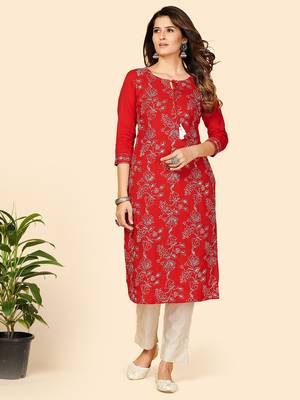 Vbuyz Women's Embroidered & Sequience Work Straight Cotton Red Stitched Kurta 2