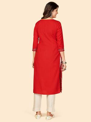 Vbuyz Women's Embroidered & Sequience Work Straight Cotton Red Stitched Kurta 3