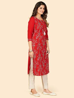 Vbuyz Women's Embroidered & Sequience Work Straight Cotton Red Stitched Kurta 5