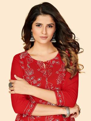Vbuyz Women's Embroidered & Sequience Work Straight Cotton Red Stitched Kurta 6