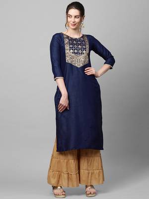 Indo Era Navy Solid Blue Straight Kurta 1