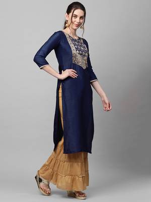 Indo Era Navy Solid Blue Straight Kurta 3