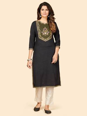 Vbuyz Women's Embroidered Straight Rayon Dark Grey Stitched Kurta 1