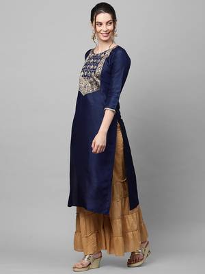 Indo Era Navy Solid Blue Straight Kurta 4