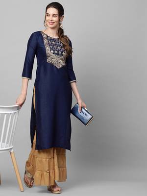Indo Era Navy Solid Blue Straight Kurta 5