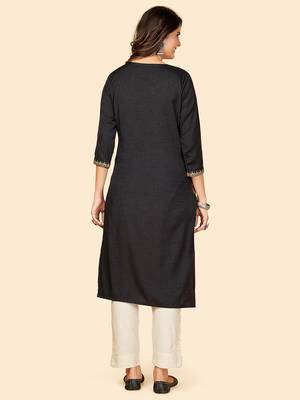 Vbuyz Women's Embroidered Straight Rayon Dark Grey Stitched Kurta 3