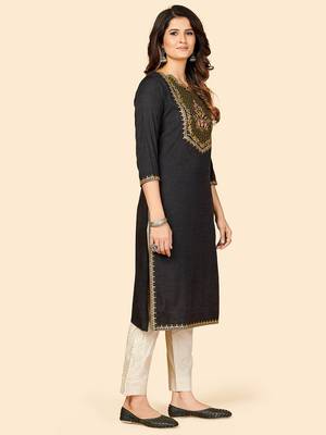 Vbuyz Women's Embroidered Straight Rayon Dark Grey Stitched Kurta 5