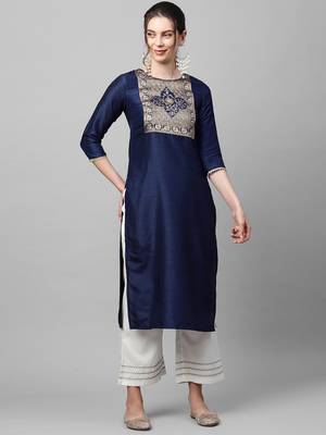 Indo Era Navy Solid Blue Straight Kurta 1