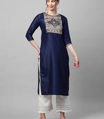 Indo Era Navy Solid Blue Straight Kurta