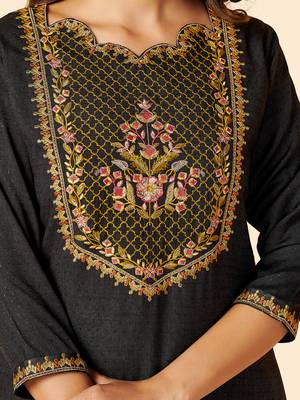Vbuyz Women's Embroidered Straight Rayon Dark Grey Stitched Kurta 7