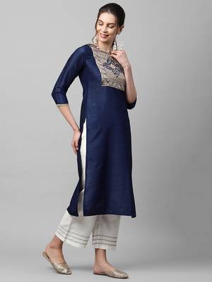 Indo Era Navy Solid Blue Straight Kurta 3