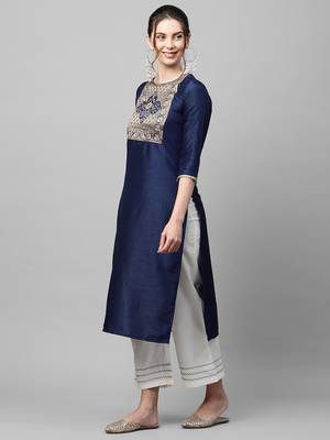 Indo Era Navy Solid Blue Straight Kurta 4