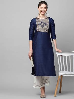 Indo Era Navy Solid Blue Straight Kurta 5