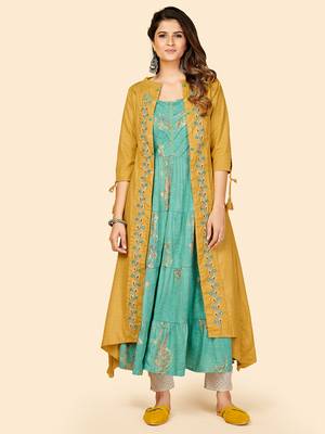 Vbuyz Women's Printed & Embroidered Anarkali Muslin Mustard Stitched Kurta With Shrug 1