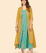 Vbuyz Women's Printed & Embroidered Anarkali Muslin Mustard Stitched Kurta With Shrug