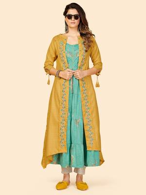Vbuyz Women's Printed & Embroidered Anarkali Muslin Mustard Stitched Kurta With Shrug 2
