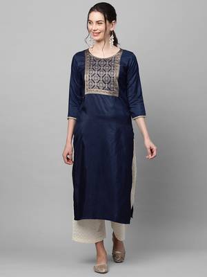 Indo Era Navy Blue Solid Straight Kurta 1