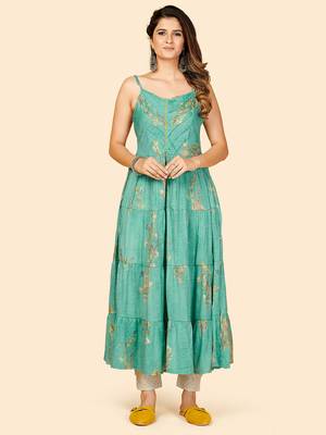 Vbuyz Women's Printed & Embroidered Anarkali Muslin Mustard Stitched Kurta With Shrug 3