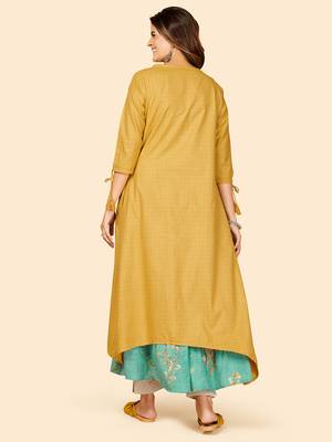 Vbuyz Women's Printed & Embroidered Anarkali Muslin Mustard Stitched Kurta With Shrug 5