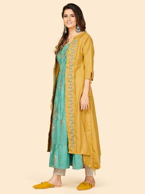 Vbuyz Women's Printed & Embroidered Anarkali Muslin Mustard Stitched Kurta With Shrug 6