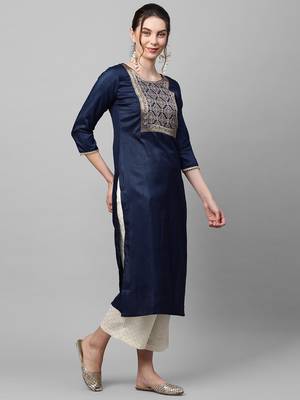 Indo Era Navy Blue Solid Straight Kurta 3