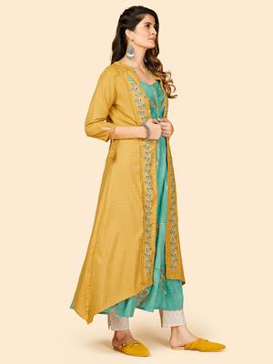 Vbuyz Women's Printed & Embroidered Anarkali Muslin Mustard Stitched Kurta With Shrug 7