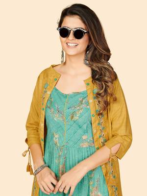 Vbuyz Women's Printed & Embroidered Anarkali Muslin Mustard Stitched Kurta With Shrug 8