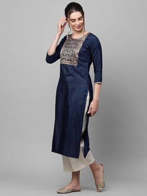 Indo Era Navy Blue Solid Straight Kurta 4