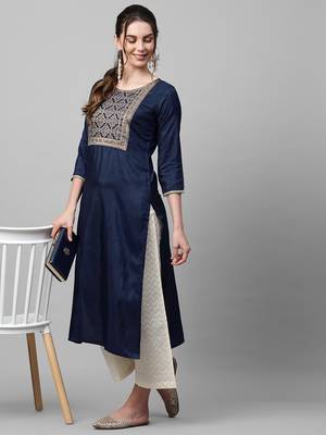 Indo Era Navy Blue Solid Straight Kurta 5