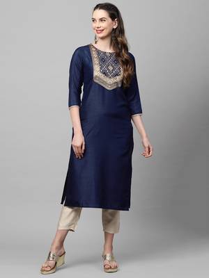 Indo Era Navy Blue Solid Straight Kurta 1