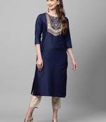 Indo Era Navy Blue Solid Straight Kurta