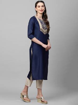 Indo Era Navy Blue Solid Straight Kurta 3
