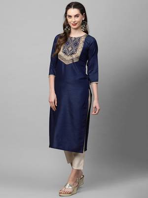Indo Era Navy Blue Solid Straight Kurta 4