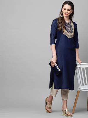 Indo Era Navy Blue Solid Straight Kurta 5