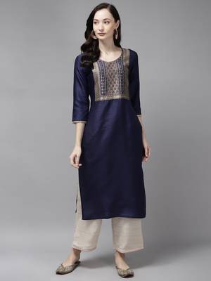 Indo Era Navy Blue Solid Straight Kurta 1
