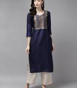 Indo Era Navy Blue Solid Straight Kurta