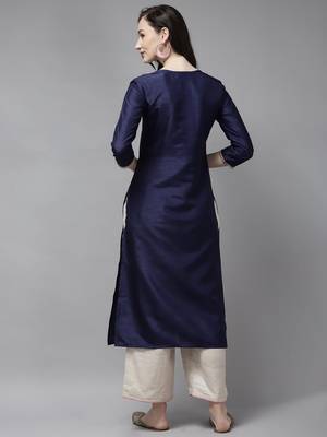 Indo Era Navy Blue Solid Straight Kurta 2