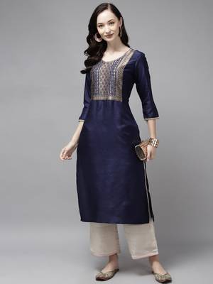 Indo Era Navy Blue Solid Straight Kurta 3