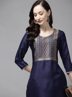 Indo Era Navy Blue Solid Straight Kurta 4