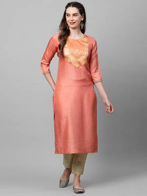 Indo Era Peach Solid Straight Kurta 1