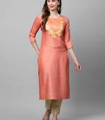 Indo Era Peach Solid Straight Kurta