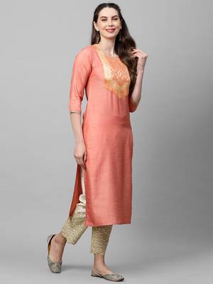 Indo Era Peach Solid Straight Kurta 3