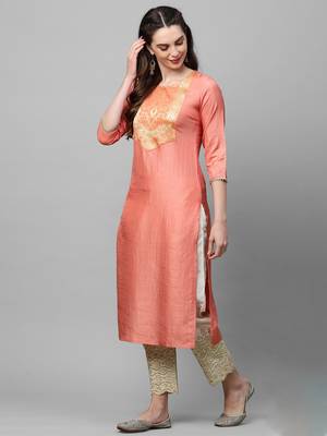 Indo Era Peach Solid Straight Kurta 4